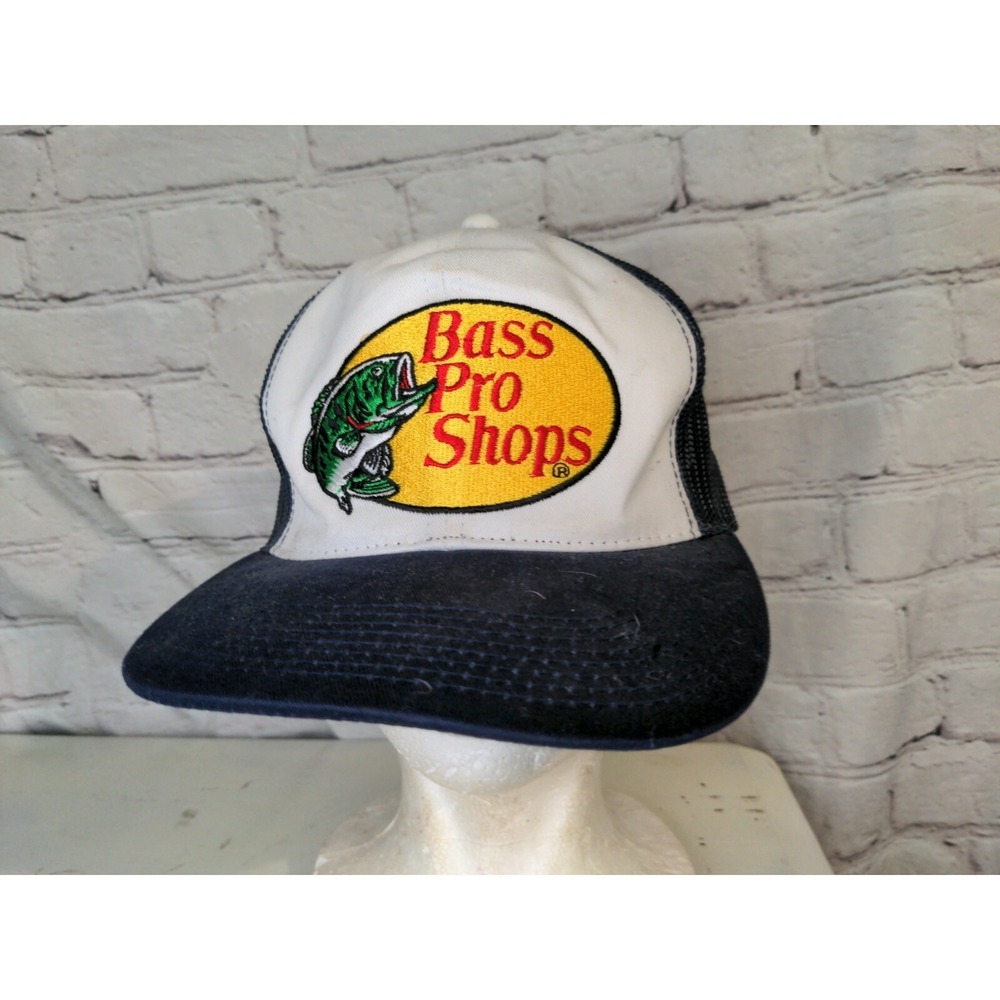 Bass Pro Shops Adult Navy/white embroidered Logo mesh trucker snapback hat #15